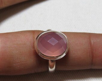 Pink Rose Chalcedony Ring Oval Shape Checker Cut Faceted Cabcohon Ring So Nice pink Color Ring Bezel setting Ring Silver Ring