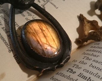 Labradorite and Real Bone Blackened Copper Pendant