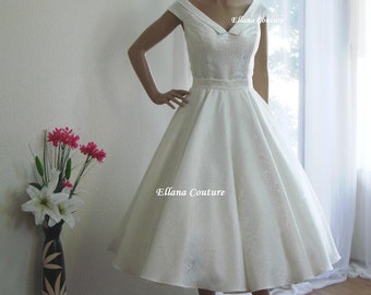 Vivian - Vintage Inspired Tea Length Wedding Dress. Retro Ivory Brocade Bridal Gown.