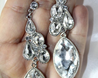 Rhinestone Chandelier Earrings Bridal Prom Pageant 3.4 inches Clear Marquise