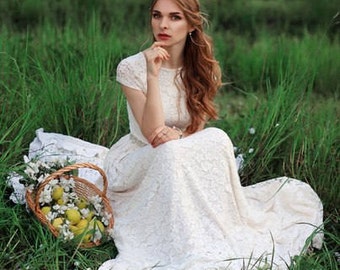 Boho wedding dress, Lace wedding dress, Bohemian wedding dress, Open back wedding dress, Ivory wedding dress. Inessa