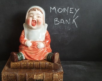 Large Ceramic Money Bank. Vintage money box. French Baby coin bank. Baby gift. Baby shower gift