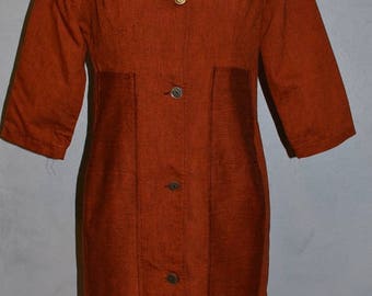 60s him for her shift dress. Shirt Dress. Asian influence. Men's shirt sheath. Copper orange Bust 38 VFG novelty pockets