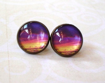 20 % OFF - Purple Orange Yellow Sunset Cloud Cabochon Stud earrings,Earring Post,Beautiful Gift Idea