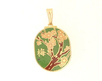 Vintage Cloisonne Green Pendant Charm Inlaid Green Brown Pink Gold Asian Floral Fob