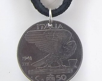 Eagle Coin Necklace, Italian 50 Centesimi, Coin Pendant, Leather Cord, Mens Necklace, Womens Necklace, 1941