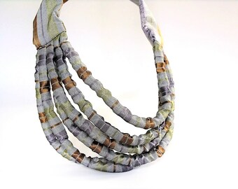Minimalist necklace brown, layered necklace, statement textile necklace, collier textile gray, gift for woman, gift for her - Fiber art