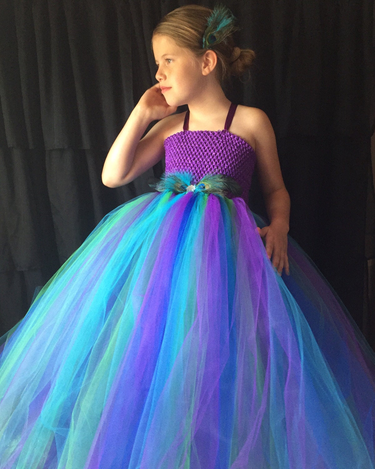 Peacock flower girl dress turquoise and purple tutu dress