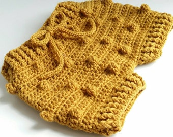 Short bloomers Popcorn Retro Crochet over 75% wool mustard for a Vintage Look sizes babies 0-3 M 6-12 M made by hand in France