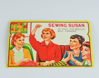 1950s Needle Book "Sewing Susan" with sewing needles and threader from USA