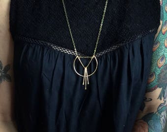 chevron fringe hammered brass geometric necklace