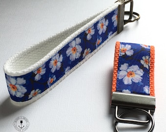 blue white flower key fob, new driver, keychain, wristlet, key chain, flower key chain