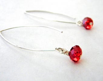 Red Glass Earrings Long V Wire Earrings