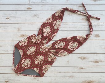 Swimsuit High Waisted Vintage Style One Piece Retro Pin-up Maillot Maroon Red Gold And Cream Fleur De Lis Floral Print Bathing Suit Swimwear
