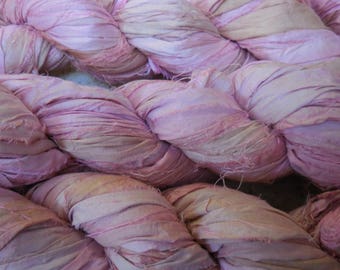 SALE 50 Yards, Shades of Light Pink with Ecru, Shabby, 100 Grams, Sari Silk Ribbon, Fair Trade from India