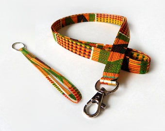African Kente Lanyard Set / Rasta / Tribal Keychain / Red Yellow and Green / Key Lanyard / ID Badge Holder / Fabric Lanyard / Key Fob