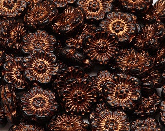 4pcs Flower Beads 14 mm, Czech Glass, Jet Black with Bronze Fired Color (14FL029)