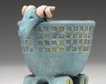 Ram Bowl,Aries or Capricorn Bowl, Goat bowl, Small ceramic vessel, hand made, patina finish, one of a kind
