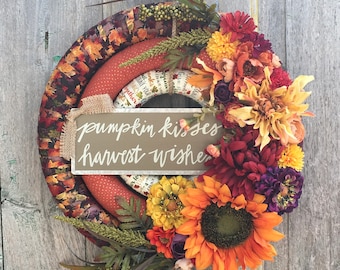 Fall Floral Wreath, Fall Front Door Wreath, Fall Fabric Wrapped Wreath, Autumn Floral Wreath, Thanksgiving Wreath, Front Door Floral Wreath