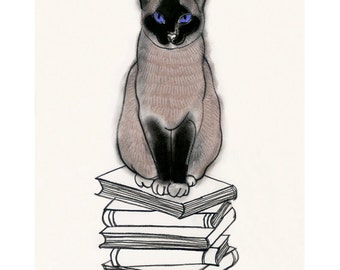 Siamese Cat Art Print - I Heart Books - 8.3 x11.7 print = A4 print - 4 for 3 SALE