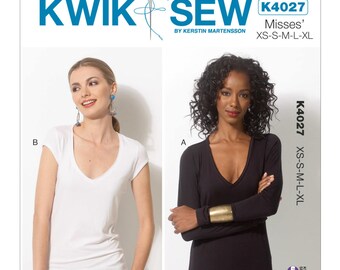 Sz XS/S/M/L/XL - Kwik Sew Top Pattern K4027 by Kerstin Martensson - Misses' V-Neck, Pullover Tops in Two Variations - Fitted T-Shirt Pattern