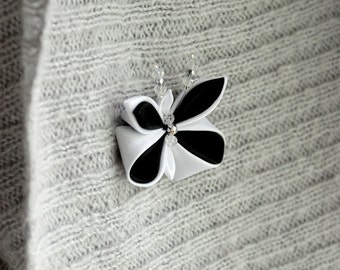 Butterfly brooch pin Kanzashi Mothers day gift For her Coworker gift For girlfriend Black white lapel pin Teacher gift idea Nature inspired