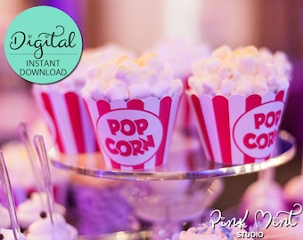 Popcorn Cupcake Wrappers, Circus Birthday, Carnival Birthday, Cupcake Decorations, Popcorn Box, Movie Night, Cinema, INSTANT DOWNLOAD #5423