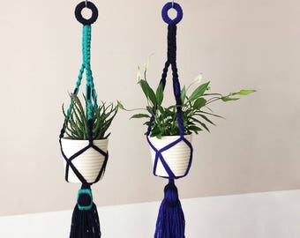 macrame plant hanger with yarn wrapped buckle | hanging planter | macrame plant holder | colorful plant hanger | blue wool yarn