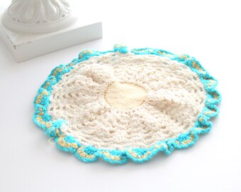 Vintage, Crochet Ivory and Turquoise Doilie, Tea Party, Table Covering Decor, Vintage Charm, Beach Decor