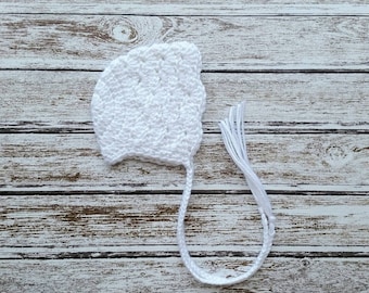 Newborn Bonnet, Crochet Newborn Baby Girl or Boy Bonnet in White, Baby Bonnet, Photo Prop, Ready to Ship
