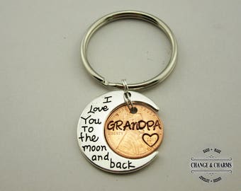I love you to the moon and back grandpa penny keychain, Custom Keychain, Penny Keychain, Moon Keychain, Gift for Grandpa, Grandpa Gift, Gift