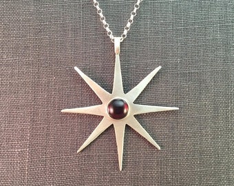 25% Off Garnet Cabochon Large Sterling Star Mid Century Modern Metalwork Necklace Pendant