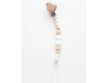 Pacifier pacifier bird - white silicone and natural wood beads - White and wood