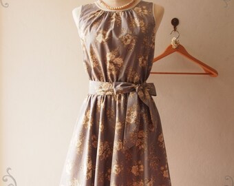 USD20 SALE- XS-Floral Vintage Dress Floral Bridesmaid Dress Tea Party Dress Gray Sweet Graduation Anniversary Birthday Dress