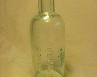 c1890s Hall's Catarrh Cure , Aqua Glass Cork Top Patent Medicine Bottle, Great for Wedding Decor or Country Primitive Decor No. 2