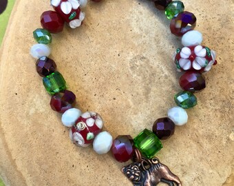 MILK CHOCOLATE GARDEN Bracelet- Chocolate Brown, Grass Green and Spring White-Burgundy-Blooms-Flowers-Aurora Borealis -Pug Rescue Jewelry