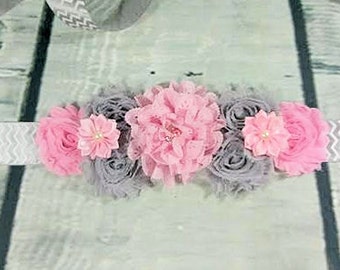 Pink and Gray Maternity Sash / Pregnancy Sash / Baby Shower Sash / Gender Reveal Sash / Sash for Photos / Chevron Sash / Belly Band / Girl