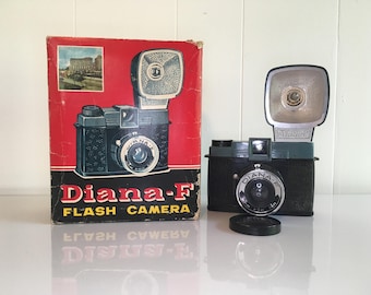 Vintage Diana F Camera with Flash Outfit and Lens Cap in Original Box 1960s Toy Plastic