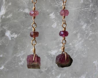 Watermelon Tourmaline Rough Earrings with multi-colored tourmaline, Tourmaline Earrings, Gemstone Dangling Earrings, October Birthstone