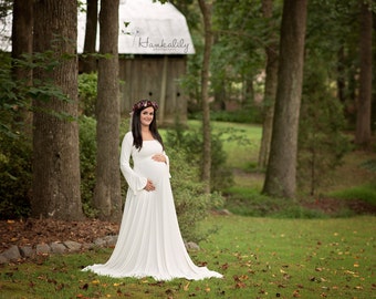 Plus Size Maternity Maxi Photography Dress or Wedding-Renaissance Inspired-On/Off Shoulder Belled Sleeves-Natural Jersey-XL,XXL,3X,4X,5X,6X