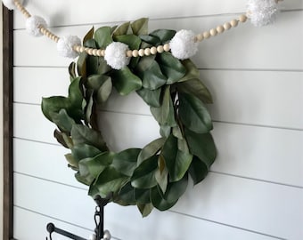 Pom Pom Garland. Wood Bead Garland. Farmhouse garland. Farmhouse decor. Nursery decor. Nursery garland. Pom pom and wood beaded garland.