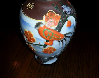 50's Ornate Hand Painted 3 D Bird Decorative Vase, Moriage Japan, Raised edges