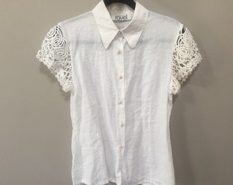 Vintage White Blouse, Open Weave Shoulders, Short Sleeve Blouse, Off White Vintage Blouse, White Linen Blouse, Vintage Spring Blouse S M 90s