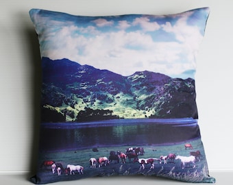 eco friendly pillow decorative cushion, 16x16 VALLEY SCENE organic cotton cushion cover, pillow, 16", 41cms