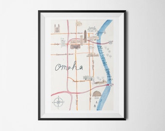 Omaha Landmarks Map - giclee print, illustration 8 x 12"