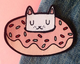 Donut cat woven patch - Iron on patch - sew on patch - cat patch - cat iron on patch - I like cats - donut patch - cat gift - cats