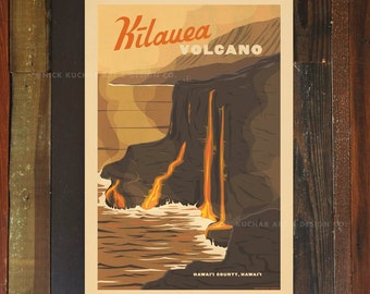 Kilauea Volcano - 12x18 Retro Hawaii Travel Print