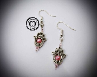 Hamsa Pink Pearl Earrings