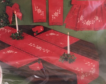 EMBROIDERY KIT - Progress Stamped Christmas Table Runner Red, White Poinsettia , Holly
