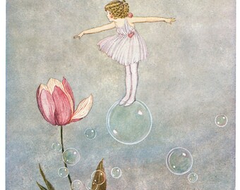 Hand-cut wooden jigsaw puzzle. FAIRY BUBBLES & TULIP. Outhwaite. Fairytale gift. Wood, collectible. Bella Puzzles.